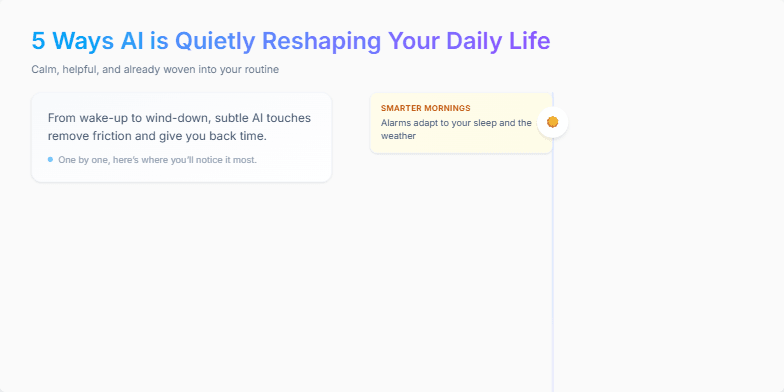 A slide showcasing '5 Ways AI is Quietly Reshaping Your Daily Life' with a minimalist design and soft pastel colors.  Five icons representing smart mornings, seamless commute, adaptive work tools, personalized shopping, and effortless unwind are displayed along a timeline, each accompanied by a brief description. Fragment #2