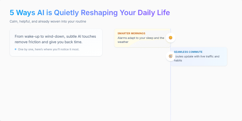 A slide showcasing '5 Ways AI is Quietly Reshaping Your Daily Life' with a minimalist design and soft pastel colors.  Five icons representing smart mornings, seamless commute, adaptive work tools, personalized shopping, and effortless unwind are displayed along a timeline, each accompanied by a brief description. Fragment #3