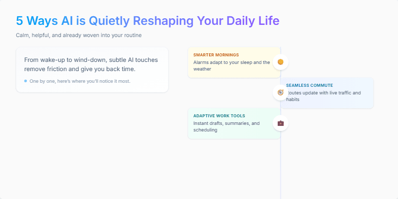 A slide showcasing '5 Ways AI is Quietly Reshaping Your Daily Life' with a minimalist design and soft pastel colors.  Five icons representing smart mornings, seamless commute, adaptive work tools, personalized shopping, and effortless unwind are displayed along a timeline, each accompanied by a brief description. Fragment #4