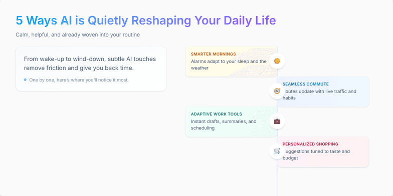 A slide showcasing '5 Ways AI is Quietly Reshaping Your Daily Life' with a minimalist design and soft pastel colors.  Five icons representing smart mornings, seamless commute, adaptive work tools, personalized shopping, and effortless unwind are displayed along a timeline, each accompanied by a brief description. Fragment #5