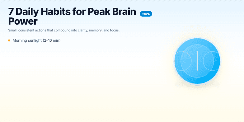 Slide displaying seven daily habits for peak brain power in 2024. A stylized brain icon pulsates with light, with habits cascading below. A stylized sunrise completes the visual, symbolizing a new day of optimized thinking. Fragment #2