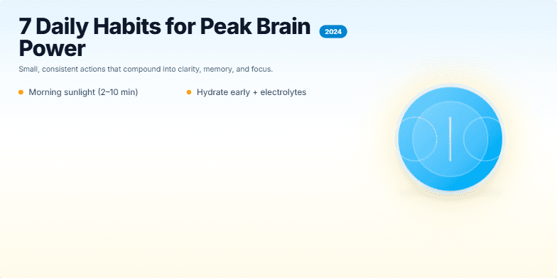 Slide displaying seven daily habits for peak brain power in 2024. A stylized brain icon pulsates with light, with habits cascading below. A stylized sunrise completes the visual, symbolizing a new day of optimized thinking. Fragment #3