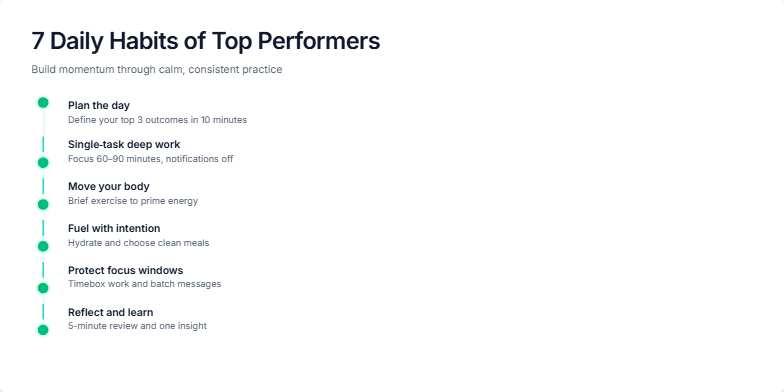 A minimalist slide displaying '7 Daily Habits of Top Performers' with subtle animations of growing plants, representing personal growth. Each habit is listed with a short description, against a calming blue and green background. Fragment #7