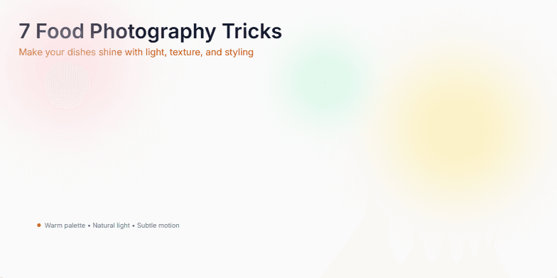 A slide showcasing 7 food photography tricks with a preview of a styled dish and a list of tips like using natural light, adding garnish, and layering textures. Warm colors and subtle motion enhance the visual appeal. Fragment #1