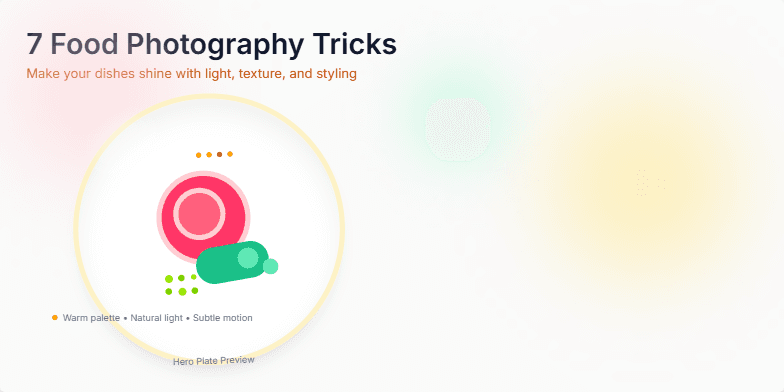 A slide showcasing 7 food photography tricks with a preview of a styled dish and a list of tips like using natural light, adding garnish, and layering textures. Warm colors and subtle motion enhance the visual appeal. Fragment #2