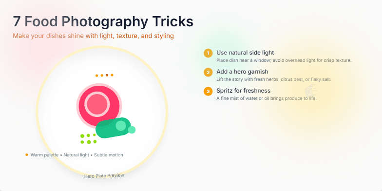 A slide showcasing 7 food photography tricks with a preview of a styled dish and a list of tips like using natural light, adding garnish, and layering textures. Warm colors and subtle motion enhance the visual appeal. Fragment #3