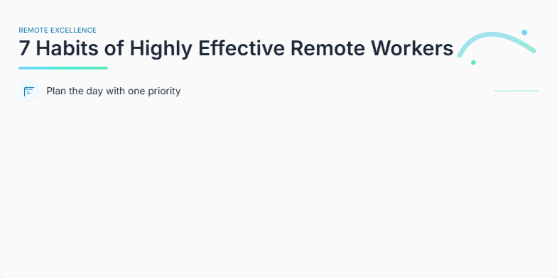 Slide displaying '7 Habits of Highly Effective Remote Workers' with minimalist icons and a calming blue-green color scheme. Fragment #2