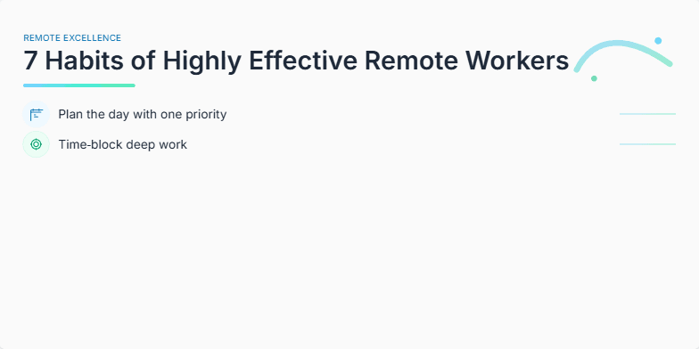 Slide displaying '7 Habits of Highly Effective Remote Workers' with minimalist icons and a calming blue-green color scheme. Fragment #3