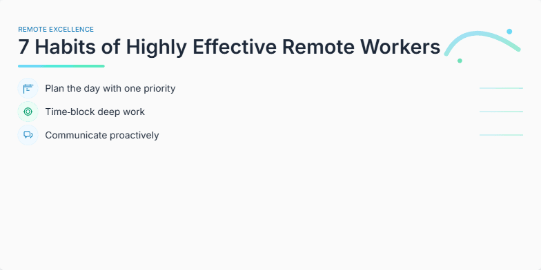 Slide displaying '7 Habits of Highly Effective Remote Workers' with minimalist icons and a calming blue-green color scheme. Fragment #4