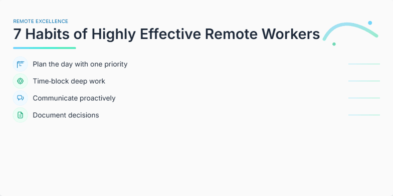 Slide displaying '7 Habits of Highly Effective Remote Workers' with minimalist icons and a calming blue-green color scheme. Fragment #5