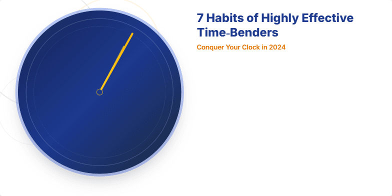 A stylized steampunk clock with bending hands and glowing cogs representing the 7 habits of highly effective time management. Fragment #1
