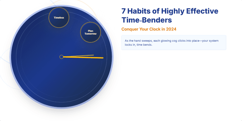 A stylized steampunk clock with bending hands and glowing cogs representing the 7 habits of highly effective time management. Fragment #3