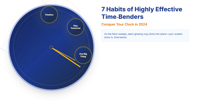 A stylized steampunk clock with bending hands and glowing cogs representing the 7 habits of highly effective time management. Fragment #4