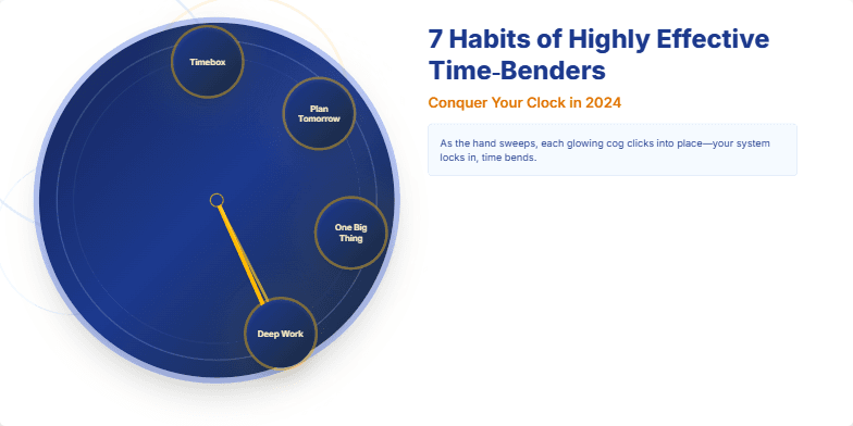 A stylized steampunk clock with bending hands and glowing cogs representing the 7 habits of highly effective time management. Fragment #5