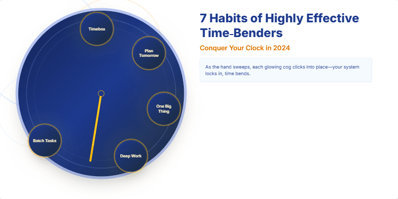 A stylized steampunk clock with bending hands and glowing cogs representing the 7 habits of highly effective time management. Fragment #6
