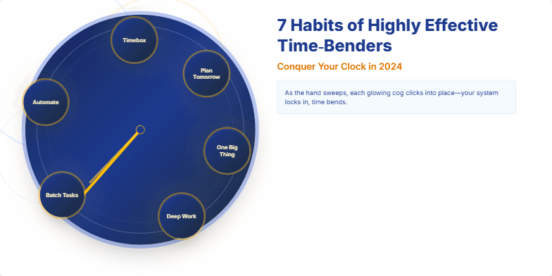 A stylized steampunk clock with bending hands and glowing cogs representing the 7 habits of highly effective time management. Fragment #7