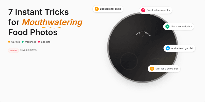 Slide showcasing 7 tricks for mouthwatering food photos, featuring a stylized sizzling pan graphic and animated tip reveals. Fragment #6