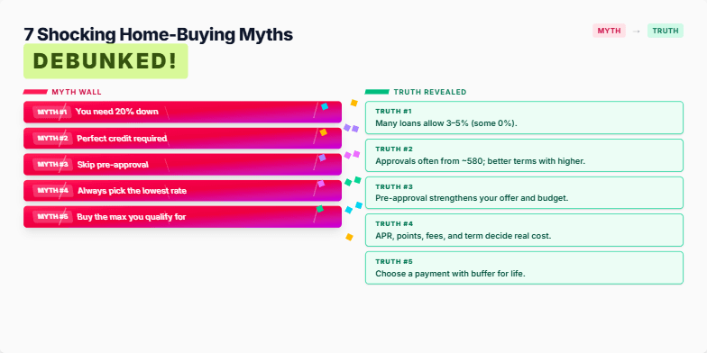 A slide with a split screen design. On one side, common home-buying myths are visually shattered with a dynamic, fragmented style and vibrant colors. On the other side, the corresponding truths are revealed with smooth animations.  The text uses sharp, modern typography. Fragment #6