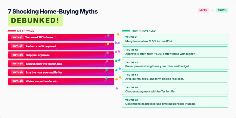 A slide with a split screen design. On one side, common home-buying myths are visually shattered with a dynamic, fragmented style and vibrant colors. On the other side, the corresponding truths are revealed with smooth animations.  The text uses sharp, modern typography. Fragment #7