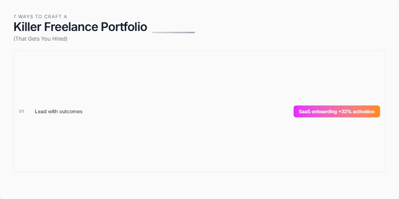 A slide titled '7 Ways to Craft a Killer Freelance Portfolio (That Gets You Hired)' showcasing seven key strategies with accompanying visual examples. The slide features a minimalist design with a grey background, white text, and colorful accents. Fragment #2
