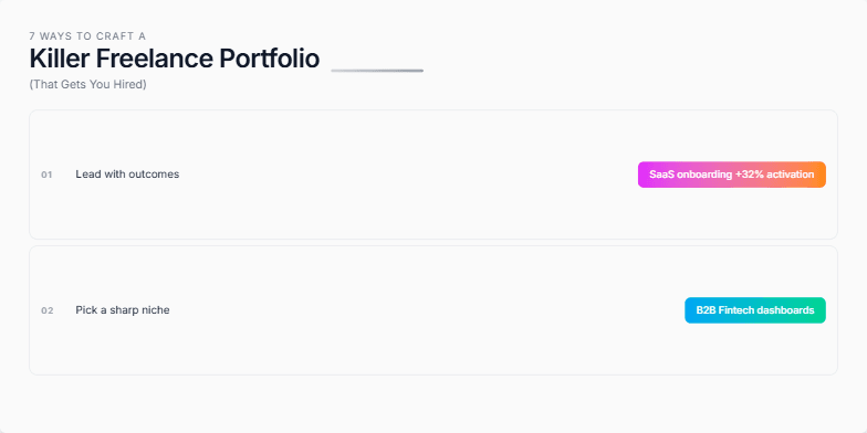 A slide titled '7 Ways to Craft a Killer Freelance Portfolio (That Gets You Hired)' showcasing seven key strategies with accompanying visual examples. The slide features a minimalist design with a grey background, white text, and colorful accents. Fragment #3