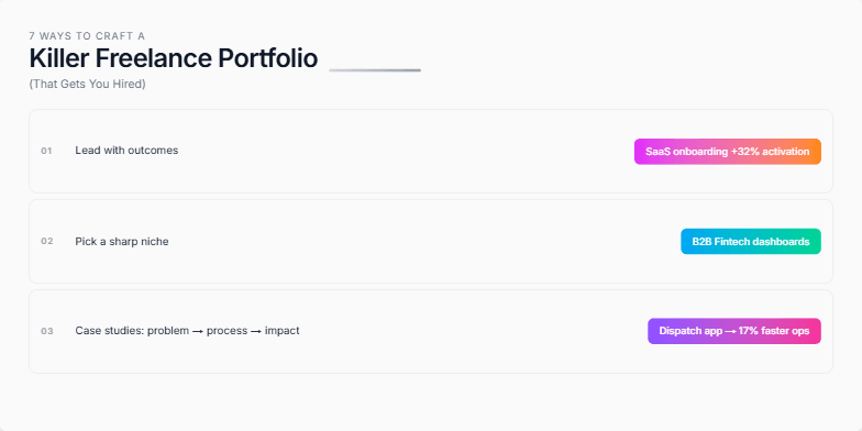 A slide titled '7 Ways to Craft a Killer Freelance Portfolio (That Gets You Hired)' showcasing seven key strategies with accompanying visual examples. The slide features a minimalist design with a grey background, white text, and colorful accents. Fragment #4