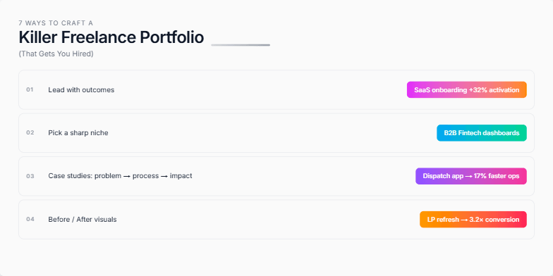 A slide titled '7 Ways to Craft a Killer Freelance Portfolio (That Gets You Hired)' showcasing seven key strategies with accompanying visual examples. The slide features a minimalist design with a grey background, white text, and colorful accents. Fragment #5