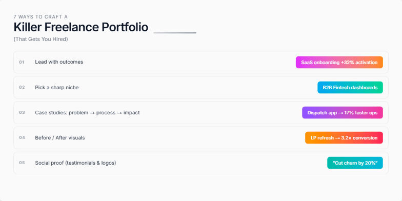A slide titled '7 Ways to Craft a Killer Freelance Portfolio (That Gets You Hired)' showcasing seven key strategies with accompanying visual examples. The slide features a minimalist design with a grey background, white text, and colorful accents. Fragment #6