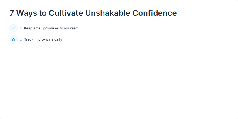 A minimalist slide titled '7 Ways to Cultivate Unshakable Confidence' with a calming blue and grey color scheme. Each point is represented by a delicate icon and a short descriptive phrase. Fragment #3
