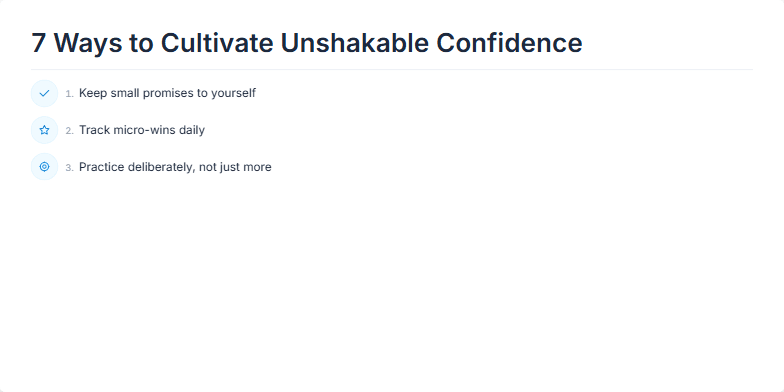 A minimalist slide titled '7 Ways to Cultivate Unshakable Confidence' with a calming blue and grey color scheme. Each point is represented by a delicate icon and a short descriptive phrase. Fragment #4