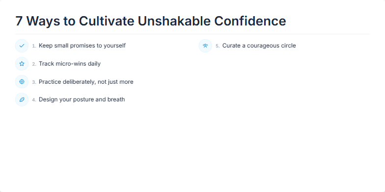 A minimalist slide titled '7 Ways to Cultivate Unshakable Confidence' with a calming blue and grey color scheme. Each point is represented by a delicate icon and a short descriptive phrase. Fragment #6