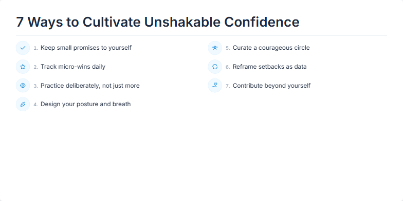 A minimalist slide titled '7 Ways to Cultivate Unshakable Confidence' with a calming blue and grey color scheme. Each point is represented by a delicate icon and a short descriptive phrase.