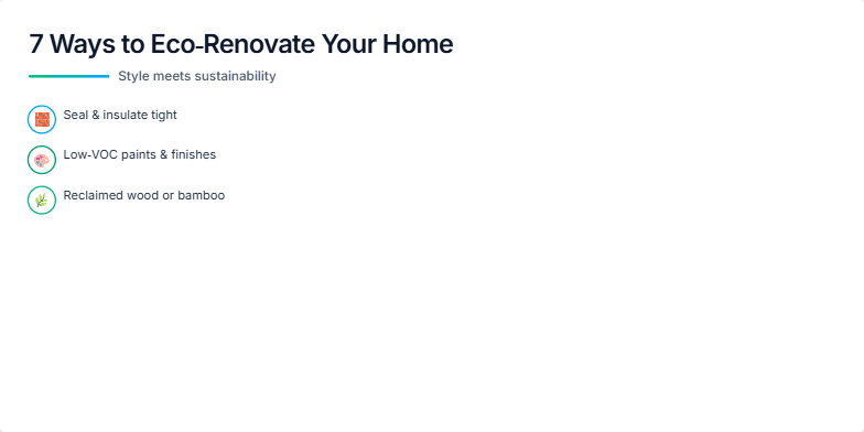 A slide showcasing 7 eco-friendly home renovation tips. Each tip is represented by a minimalist icon and a short description, accompanied by smooth animations and a calming color palette of earthy tones with green and blue accents. Images of natural materials like bamboo and reclaimed wood emphasize the blend of style and sustainability. Fragment #2