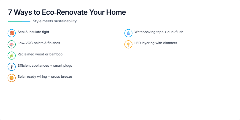A slide showcasing 7 eco-friendly home renovation tips. Each tip is represented by a minimalist icon and a short description, accompanied by smooth animations and a calming color palette of earthy tones with green and blue accents. Images of natural materials like bamboo and reclaimed wood emphasize the blend of style and sustainability. Fragment #4