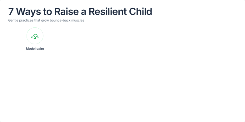 A slide titled '7 Ways to Raise a Resilient Child' with a warm, inviting color palette of oranges and greens. Seven hand-drawn icons representing different resilience-building strategies animate gracefully onto the slide. A subtle watercolor texture adds an artistic flair. Fragment #2