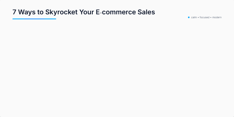 A slide showcasing 7 ways to boost e-commerce sales with a clean, minimalist design in blue and white. Each point is accompanied by an icon and subtle animation. Fragment #1