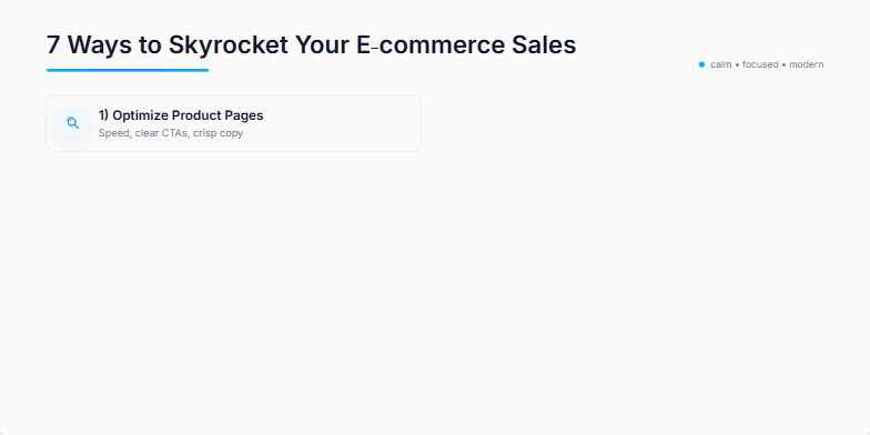 A slide showcasing 7 ways to boost e-commerce sales with a clean, minimalist design in blue and white. Each point is accompanied by an icon and subtle animation. Fragment #2
