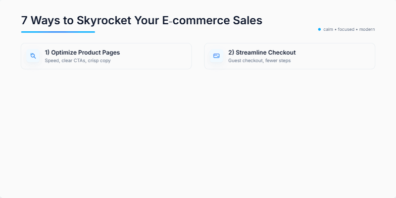 A slide showcasing 7 ways to boost e-commerce sales with a clean, minimalist design in blue and white. Each point is accompanied by an icon and subtle animation. Fragment #3