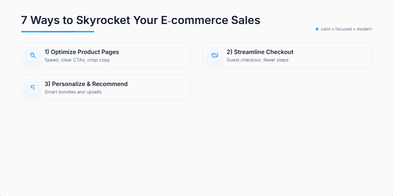 A slide showcasing 7 ways to boost e-commerce sales with a clean, minimalist design in blue and white. Each point is accompanied by an icon and subtle animation. Fragment #4