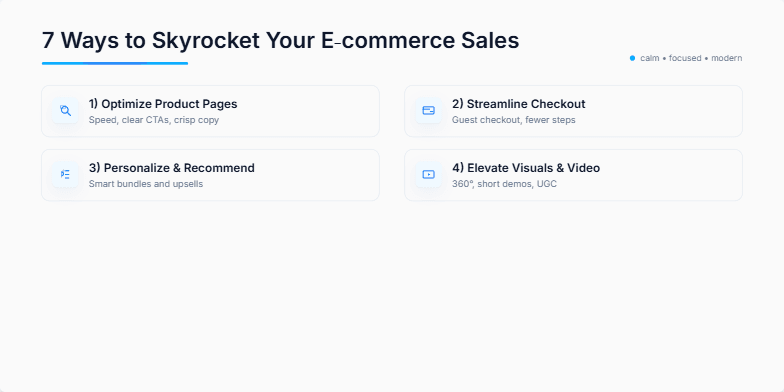 A slide showcasing 7 ways to boost e-commerce sales with a clean, minimalist design in blue and white. Each point is accompanied by an icon and subtle animation. Fragment #5