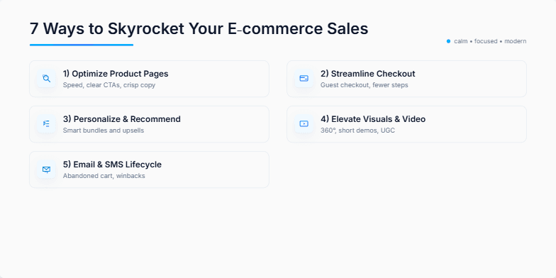 A slide showcasing 7 ways to boost e-commerce sales with a clean, minimalist design in blue and white. Each point is accompanied by an icon and subtle animation. Fragment #6