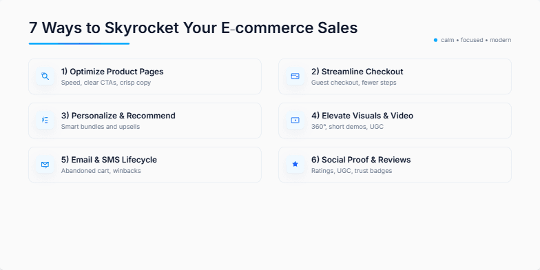 A slide showcasing 7 ways to boost e-commerce sales with a clean, minimalist design in blue and white. Each point is accompanied by an icon and subtle animation. Fragment #7