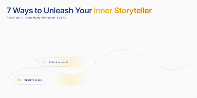 A slide titled '7 Ways to Unleash Your Inner Storyteller.'  A golden path flows across a deep blue background. Along the path, seven icons shimmer, each representing a storytelling element: observe, collect, shape, find your voice, design scenes, edit, and share. The design is clean and sophisticated, inviting viewers to embark on a journey of storytelling discovery. Fragment #3