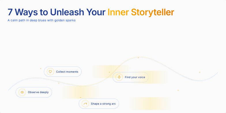 A slide titled '7 Ways to Unleash Your Inner Storyteller.'  A golden path flows across a deep blue background. Along the path, seven icons shimmer, each representing a storytelling element: observe, collect, shape, find your voice, design scenes, edit, and share. The design is clean and sophisticated, inviting viewers to embark on a journey of storytelling discovery. Fragment #5