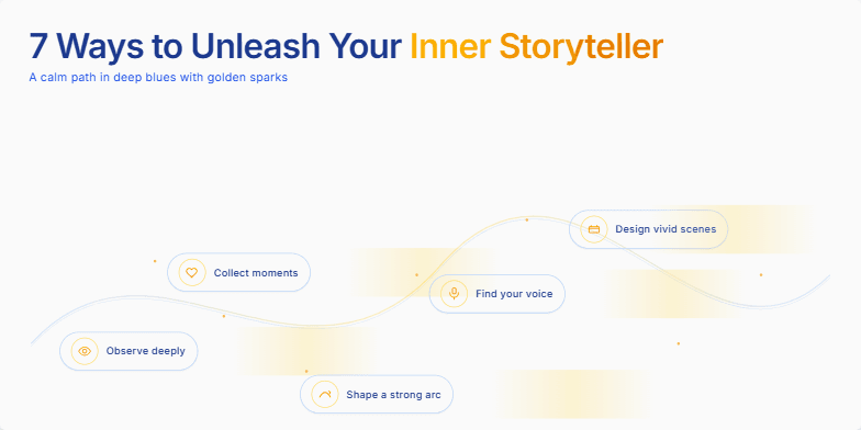 A slide titled '7 Ways to Unleash Your Inner Storyteller.'  A golden path flows across a deep blue background. Along the path, seven icons shimmer, each representing a storytelling element: observe, collect, shape, find your voice, design scenes, edit, and share. The design is clean and sophisticated, inviting viewers to embark on a journey of storytelling discovery. Fragment #6