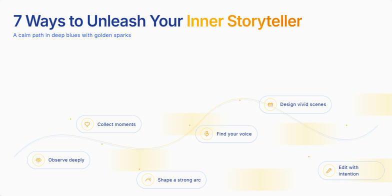 A slide titled '7 Ways to Unleash Your Inner Storyteller.'  A golden path flows across a deep blue background. Along the path, seven icons shimmer, each representing a storytelling element: observe, collect, shape, find your voice, design scenes, edit, and share. The design is clean and sophisticated, inviting viewers to embark on a journey of storytelling discovery. Fragment #7