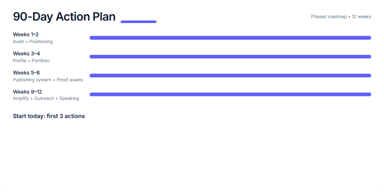 A slide titled '90-Day Action Plan' outlining a 12-week phased roadmap. It features four animated progress bars for each phase, a 'Start today' checklist with three actions, and a final call-to-action button. Fragment #3