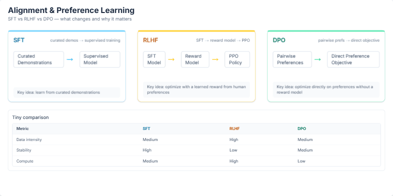 A slide comparing AI alignment methods SFT, RLHF, and DPO. Three color-coded panels detail each method, a table compares them on metrics like stability and compute, and a banner at the bottom highlights safety layers. Fragment #4
