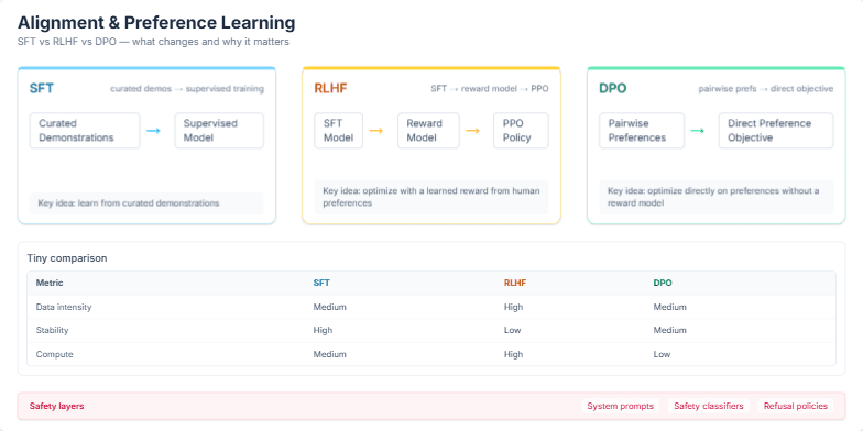 A slide comparing AI alignment methods SFT, RLHF, and DPO. Three color-coded panels detail each method, a table compares them on metrics like stability and compute, and a banner at the bottom highlights safety layers.. Last fragment