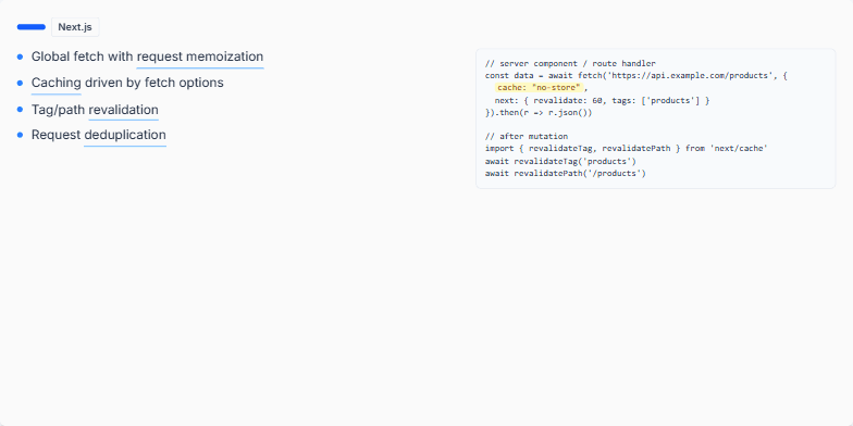 A slide comparing data fetching in Next.js and Remix. The top half, accented in blue, details Next.js features like request memoization and tag revalidation, with a code snippet showing extended fetch options. The bottom half, accented in green, shows Remix's approach using native Web Fetch API and response headers for caching, with a loader/action code example. Fragment #3